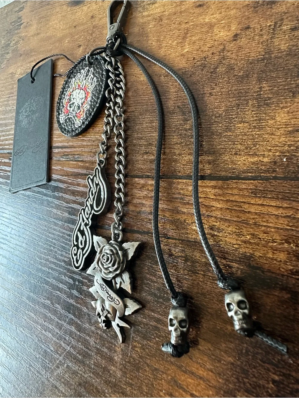 Ed Hardy Black Faux Leather & Metal Skull & Rose Keychain Bag Charm NWT